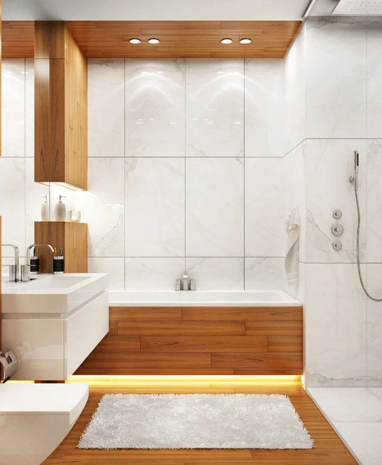 łazienka z drewnianymi elementami